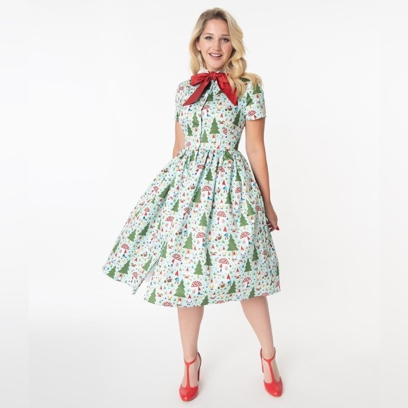 NWOT Unique Vintage Cora Swing Dress – Forest Gnome Christmas Scene Sz 3X - Picture 14 of 14